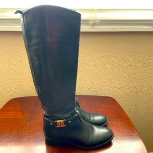 Tory Burch Alessandra Tall Black Leather Riding Boots Gold Buckle Size 5.5